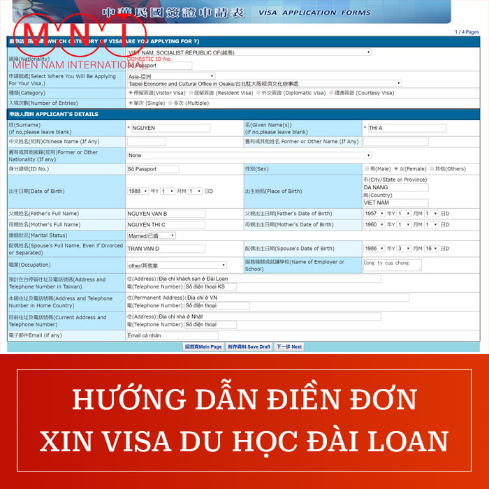 hướng dẫn điền đơn xin visa du học đài loan