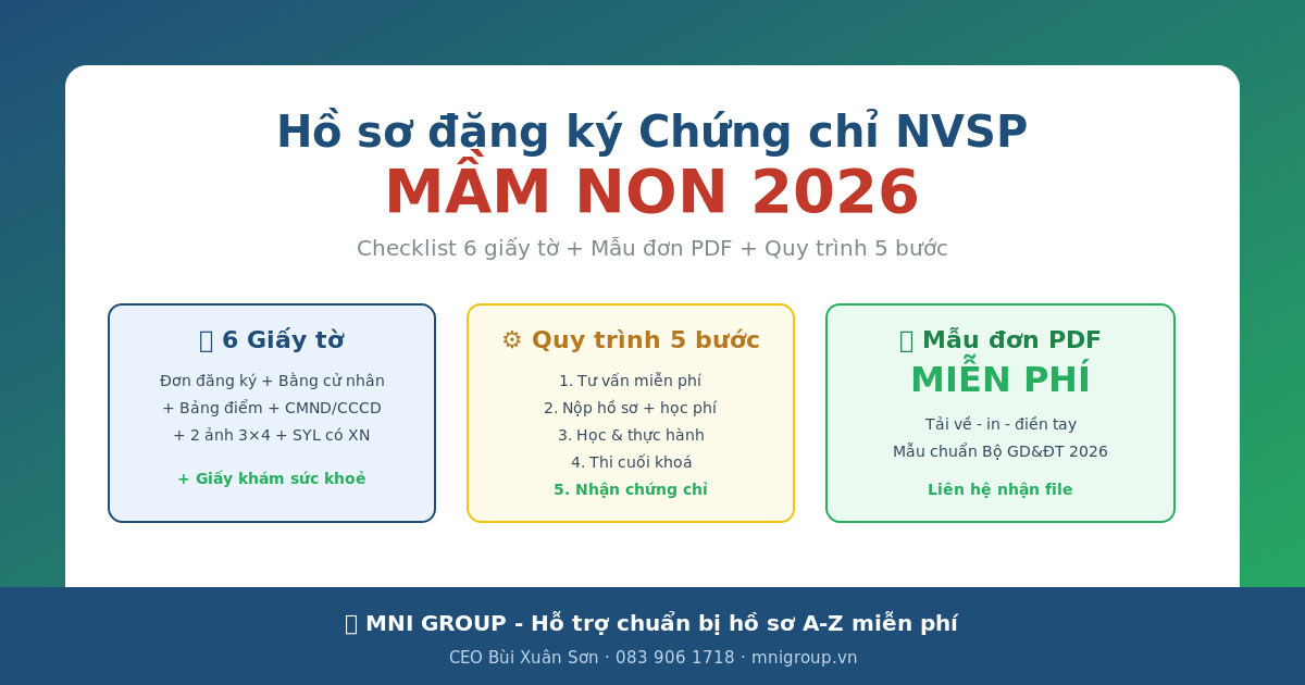 01 featured ho so nvsp mn Hồ sơ đăng ký Chứng chỉ NVSP Mầm non 2026 - Checklist 6 giấy tờ + mẫu đơn PDF + quy trình 5 bước
