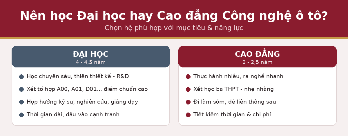 So sánh học Đại học và Cao đẳng công nghệ ô tô