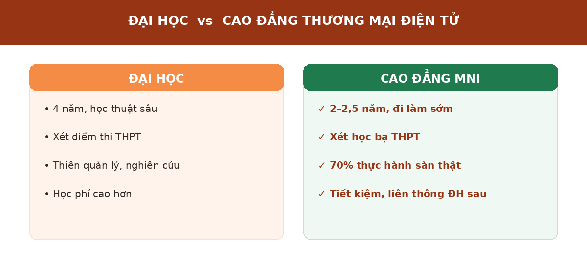 tmdttr dhvscd Đại học và Cao đẳng thương mại điện tử so sánh