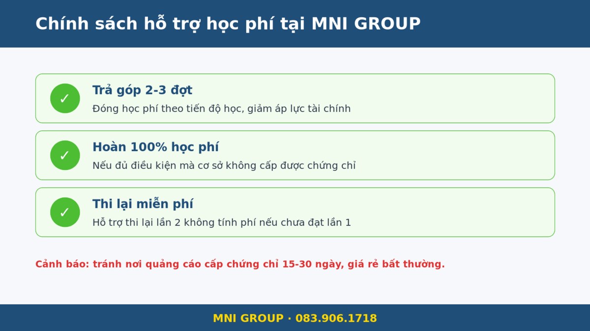 mni hocphi Chính sách hỗ trợ học phí NVSP: trả góp, hoàn phí, thi lại miễn phí