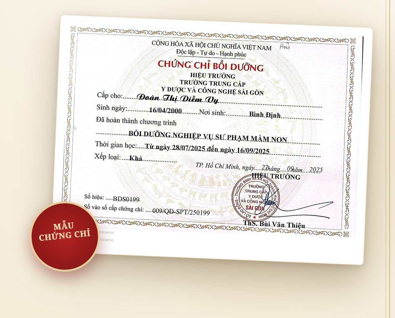 mni mn chung chi saigon Mẫu chứng chỉ nghiệp vụ sư phạm mầm non do Trường Trung cấp Y Dược và Công nghệ Sài Gòn cấp