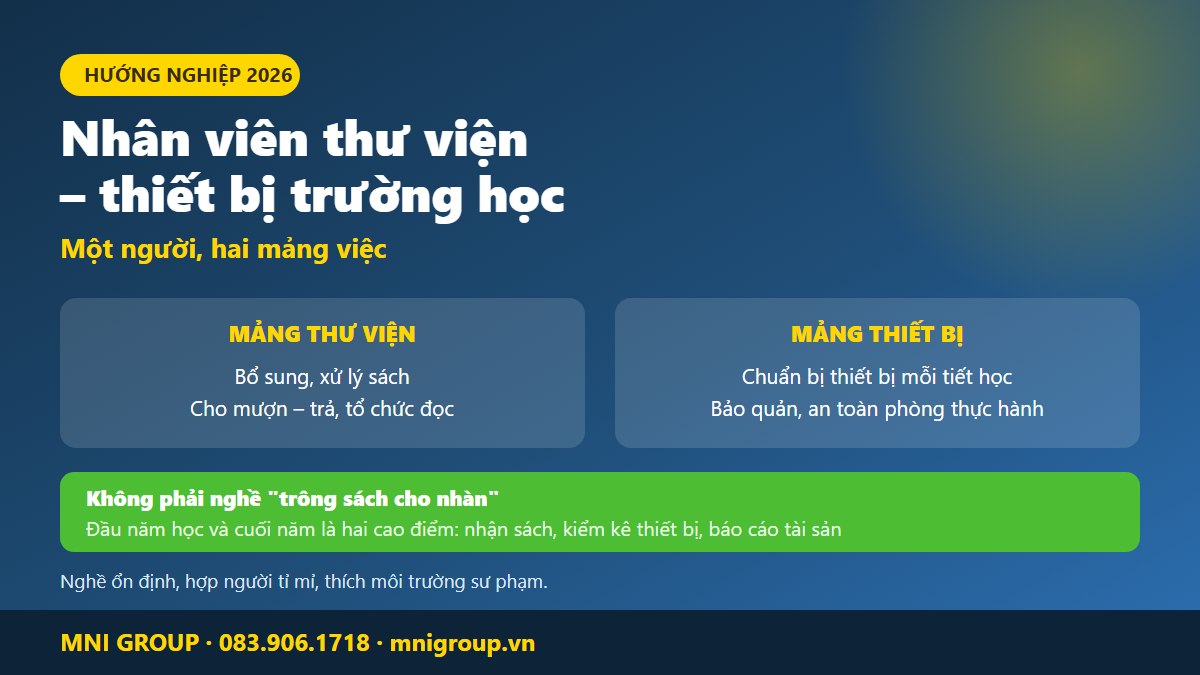 Nhân viên thư viện thiết bị trường học đang sắp xếp sách và kiểm kê thiết bị dạy học trong trường phổ thông