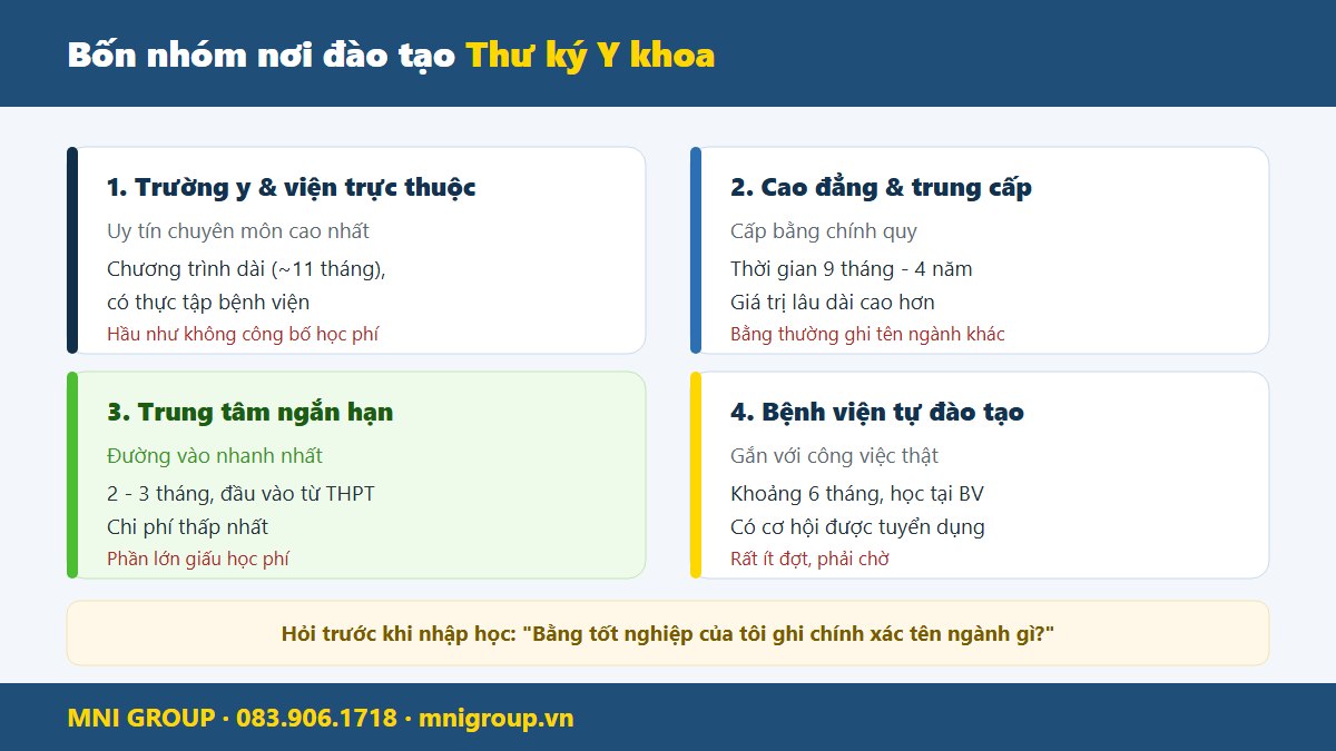 Bốn nhóm nơi đào tạo thư ký y khoa: trường y, cao đẳng trung cấp, trung tâm ngắn hạn, bệnh viện