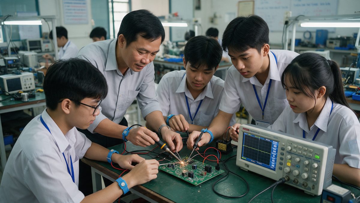 Học viên thực hành đo mạch điện tử với máy hiện sóng