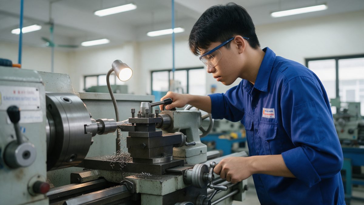 co khi 1 tien web Học viên mặc đồ bảo hộ vận hành máy tiện