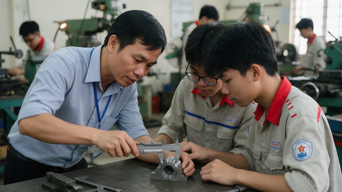 co khi 3 do web Giáo viên hướng dẫn học viên đo chi tiết bằng thước cặp
