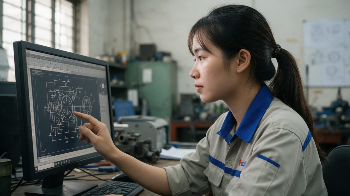 co khi 5 cad web Nữ kỹ thuật viên làm bản vẽ CAD