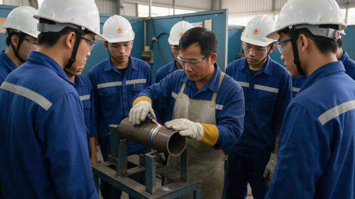 cong nghe han 2 kiem tra web Giáo viên kiểm tra mối hàn ống cùng học viên