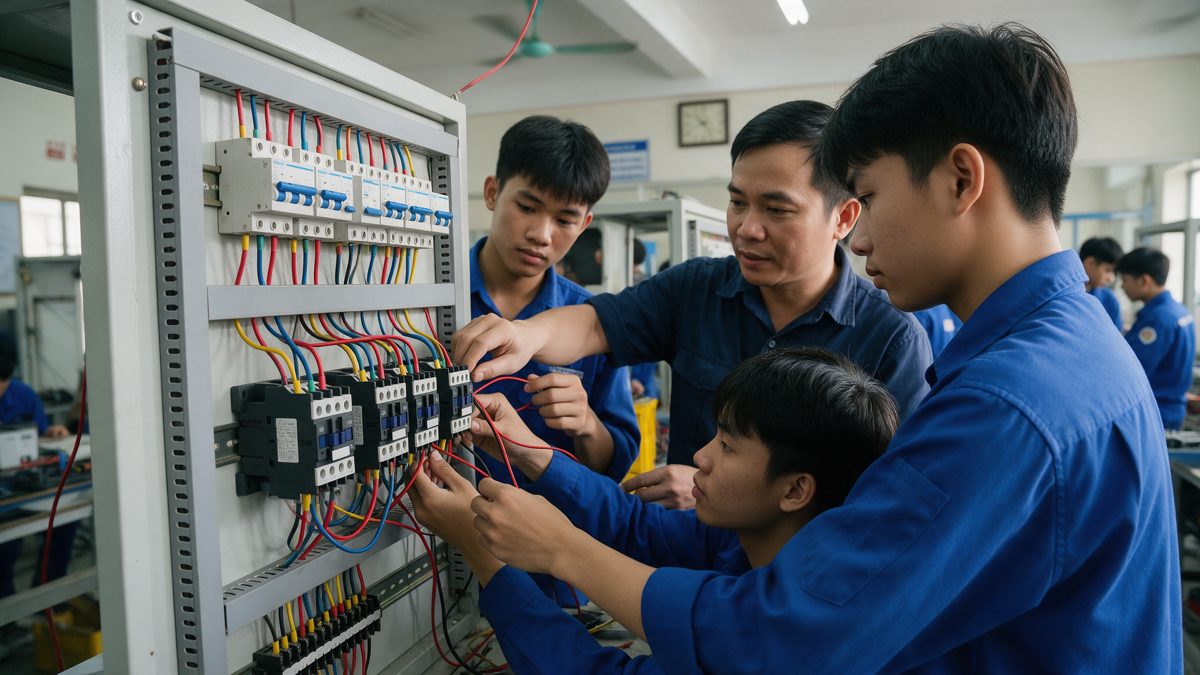 dien 1 tu dien web Học viên đấu nối tủ điện dưới hướng dẫn của giáo viên