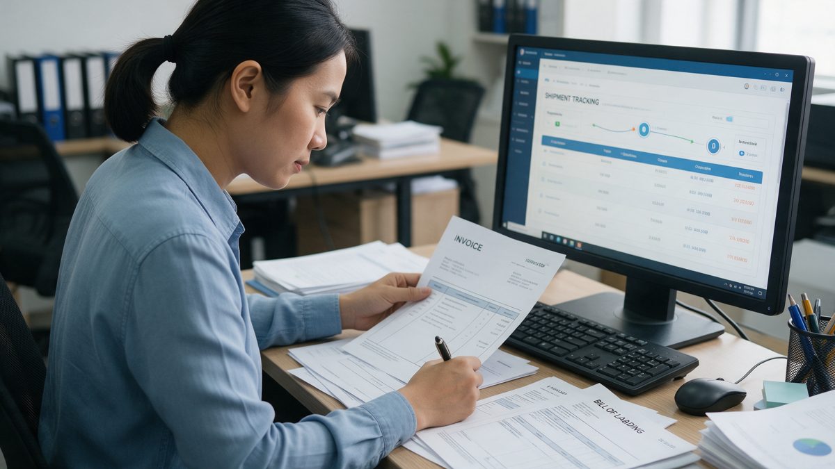 Bộ chứng từ xuất nhập khẩu trên bàn làm việc