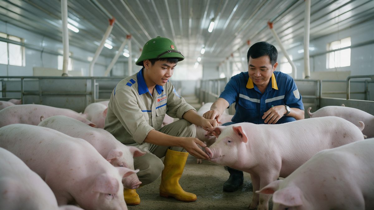 Học viên kiểm tra đàn heo trong trang trại