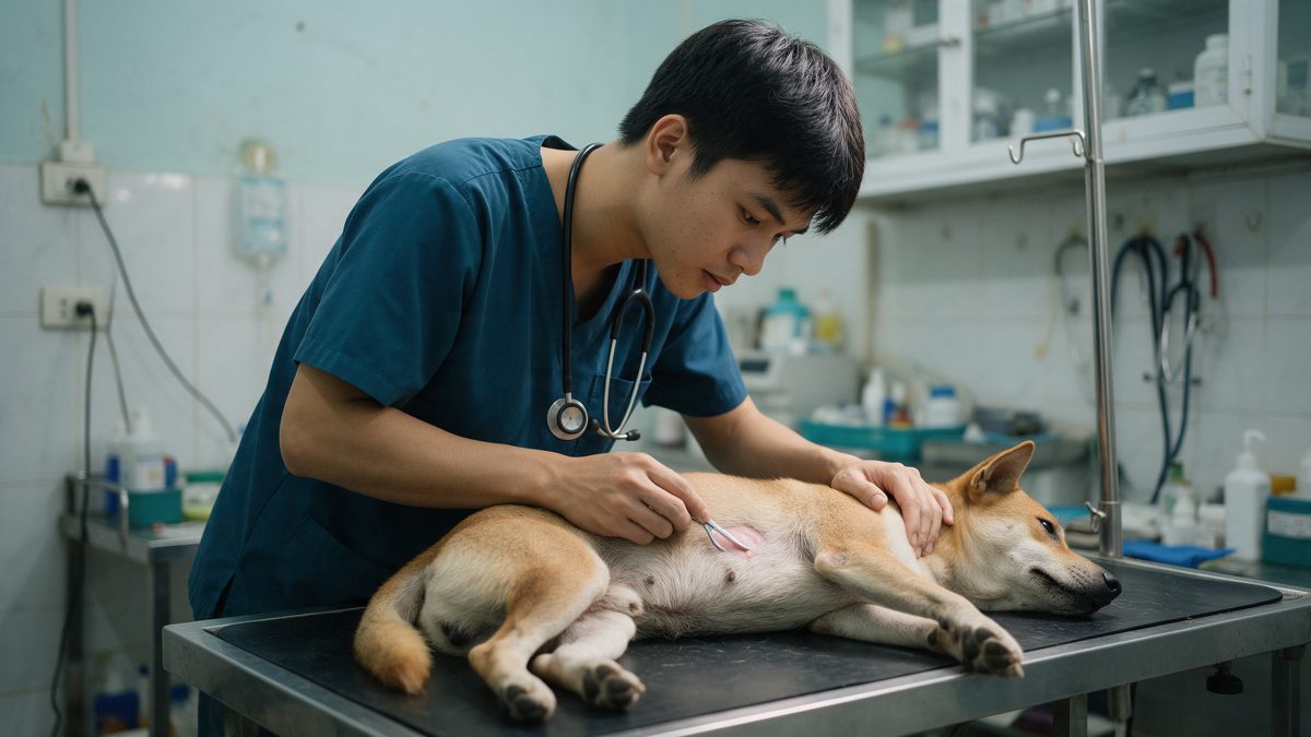 Kỹ thuật viên thú y khám chó