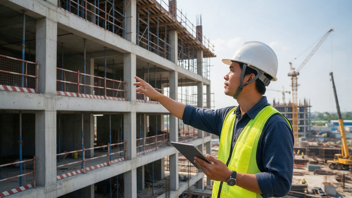 Kỹ thuật viên kiểm tra tiến độ công trình