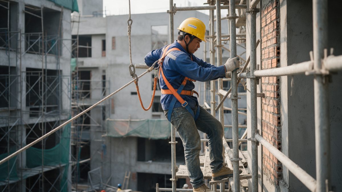 Công nhân đeo dây an toàn làm việc trên giàn giáo